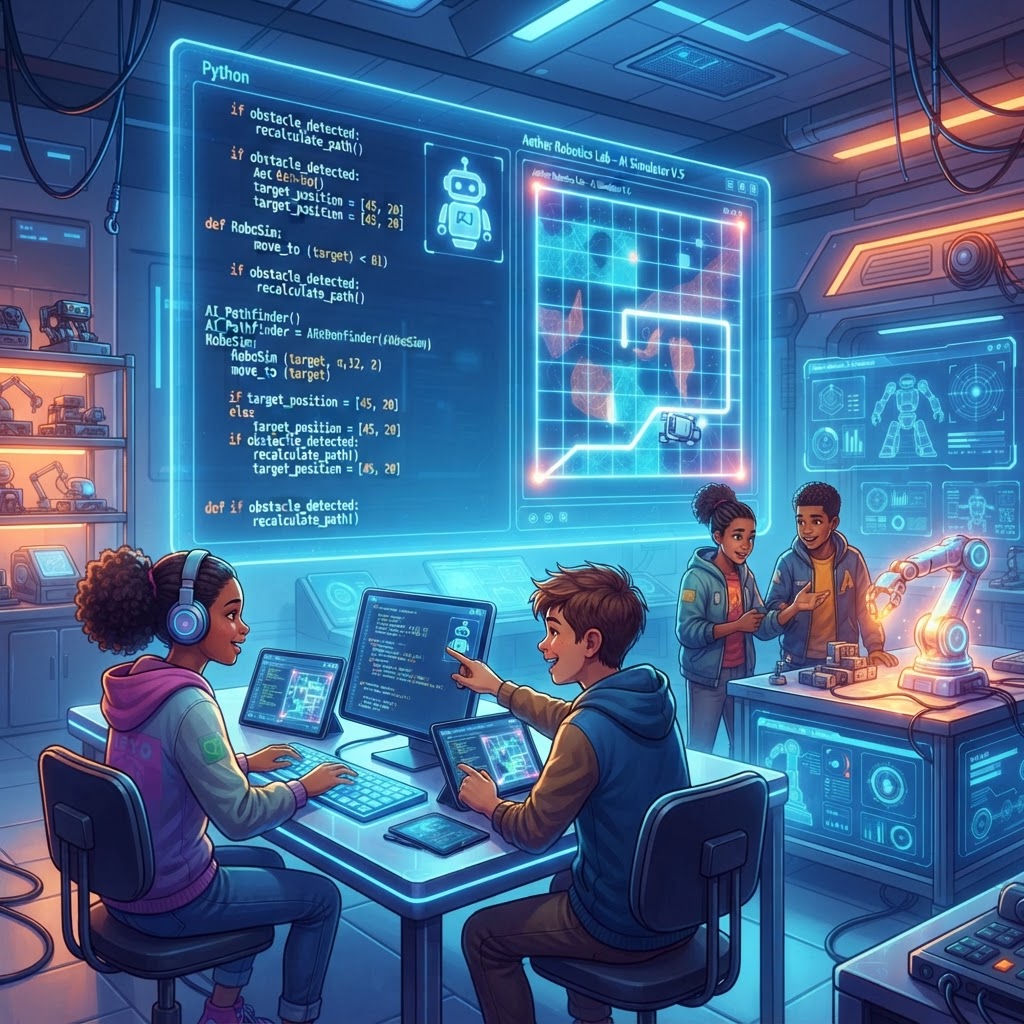 Students coding a virtual robot with futuristic holographic Python dashboards