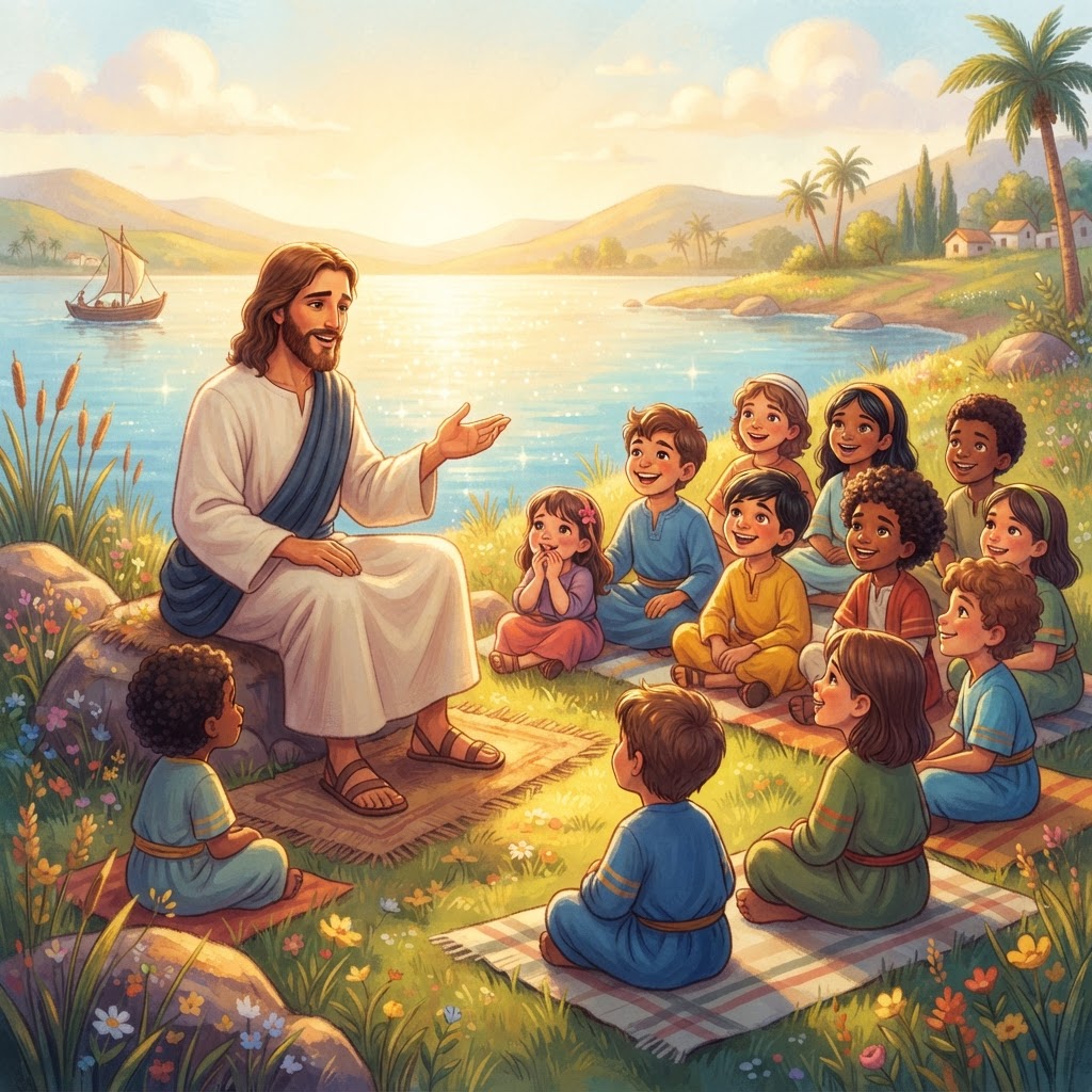 Animated children's Bible image of Jesus teaching children beside a glowing lake