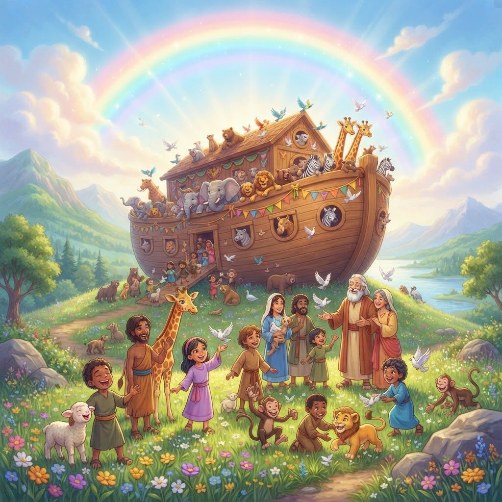 Animated children's Bible image of Noah's Ark with joyful animals and children