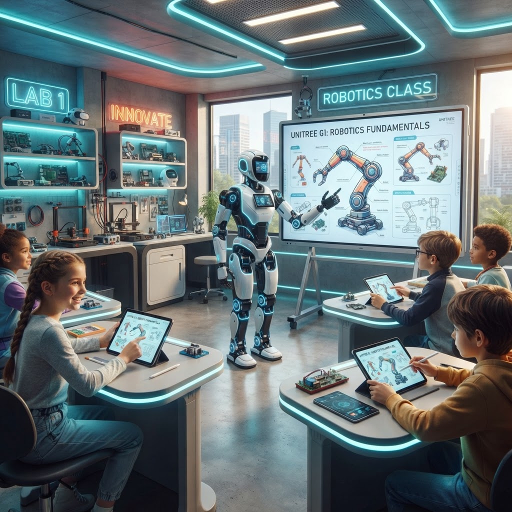Unitree G1 teaching in a futuristic smart classroom