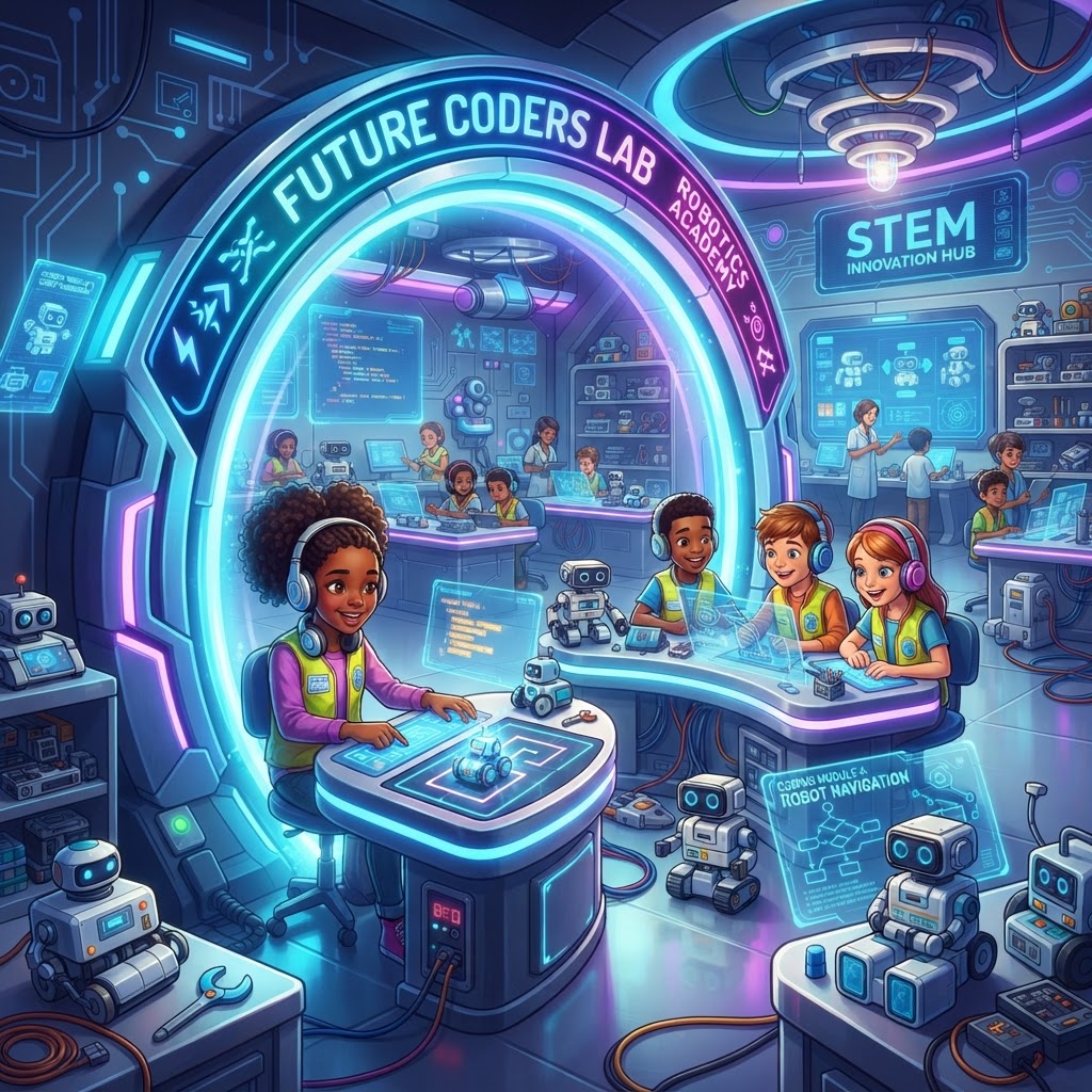 Kid-friendly futuristic robot lab with immersive STEM displays