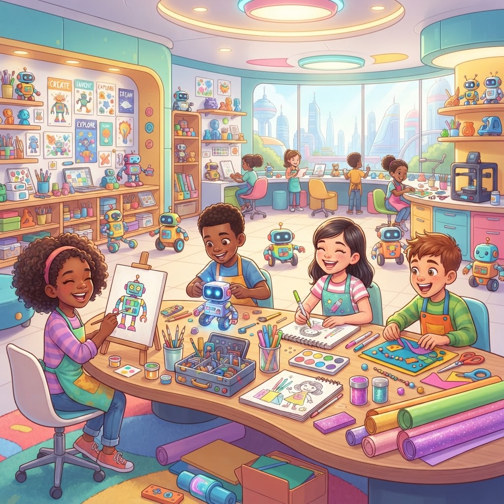 Kids exploring painting and crafts in a creative hobby lab