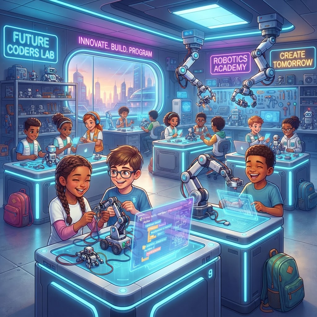 Children learning coding in a futuristic robotics classroom