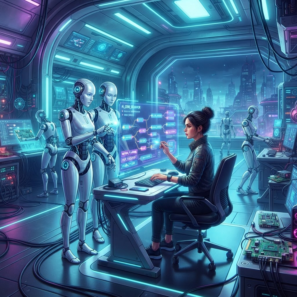 Advanced humanoid robot programming studio with holographic code blocks