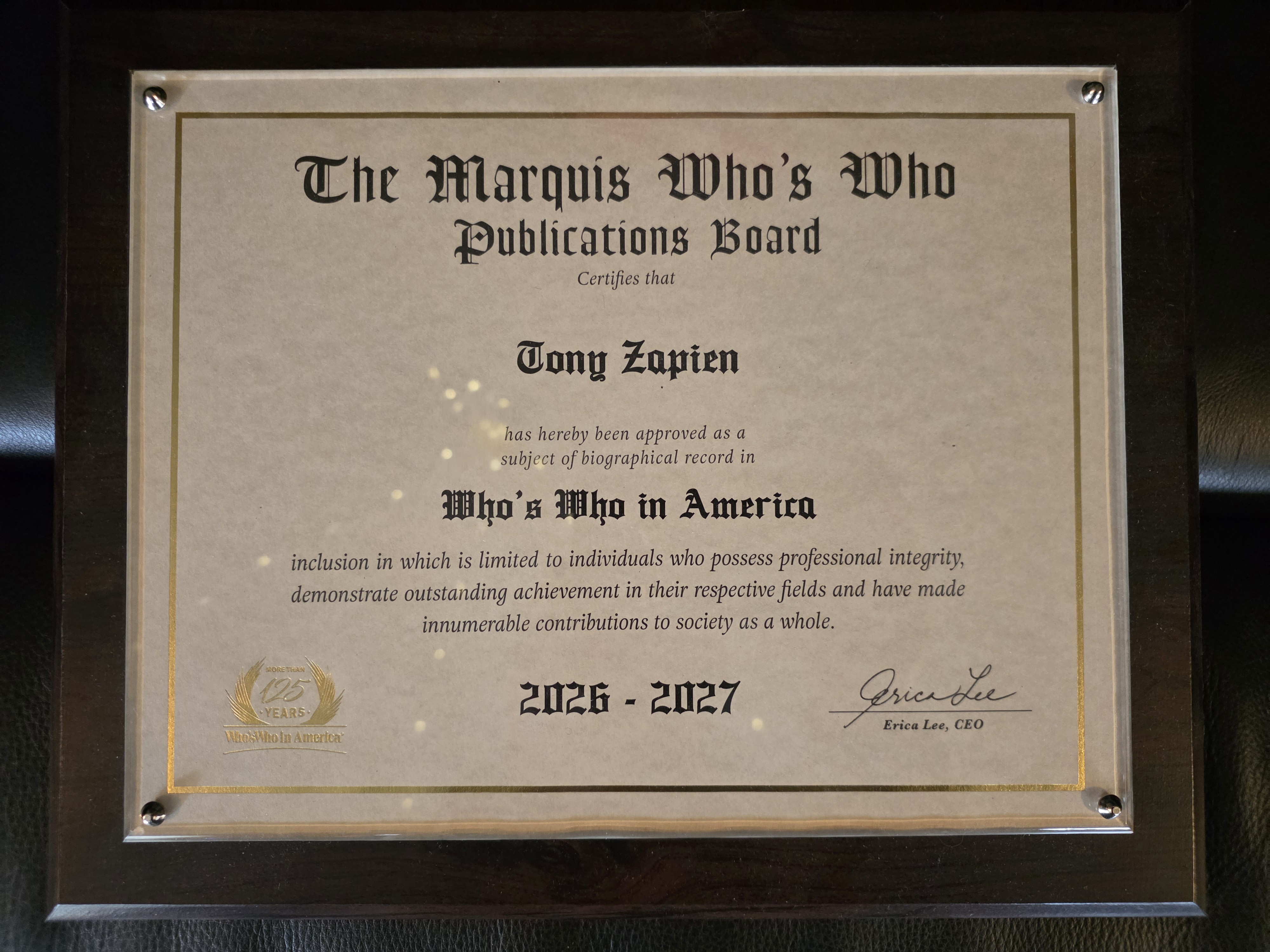 Marquis Who's Who certificate awarded to Tony Zapien, 2026–2027