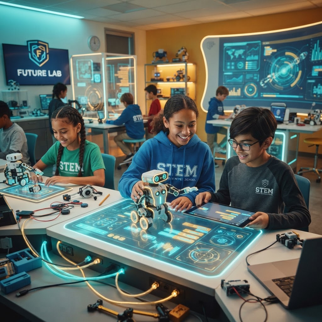 Young learners exploring AI and robotics in a future-ready learning studio