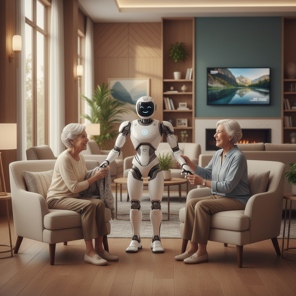 Seniors being cared for by a G1 humanoid robot