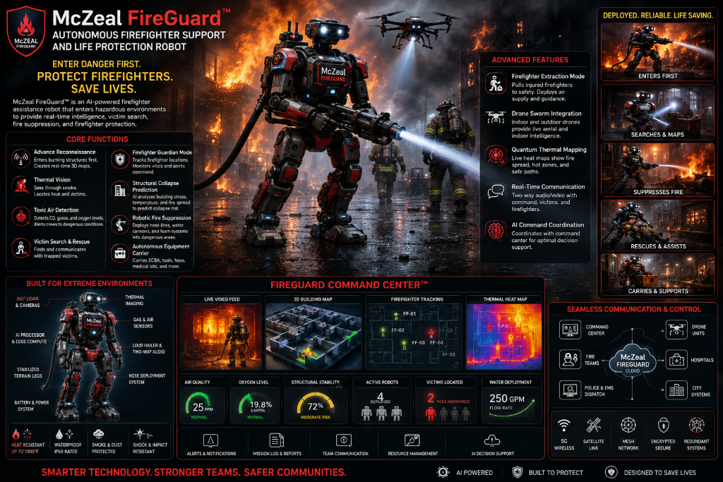 McZeal FireGuard firefighter support robot graphic