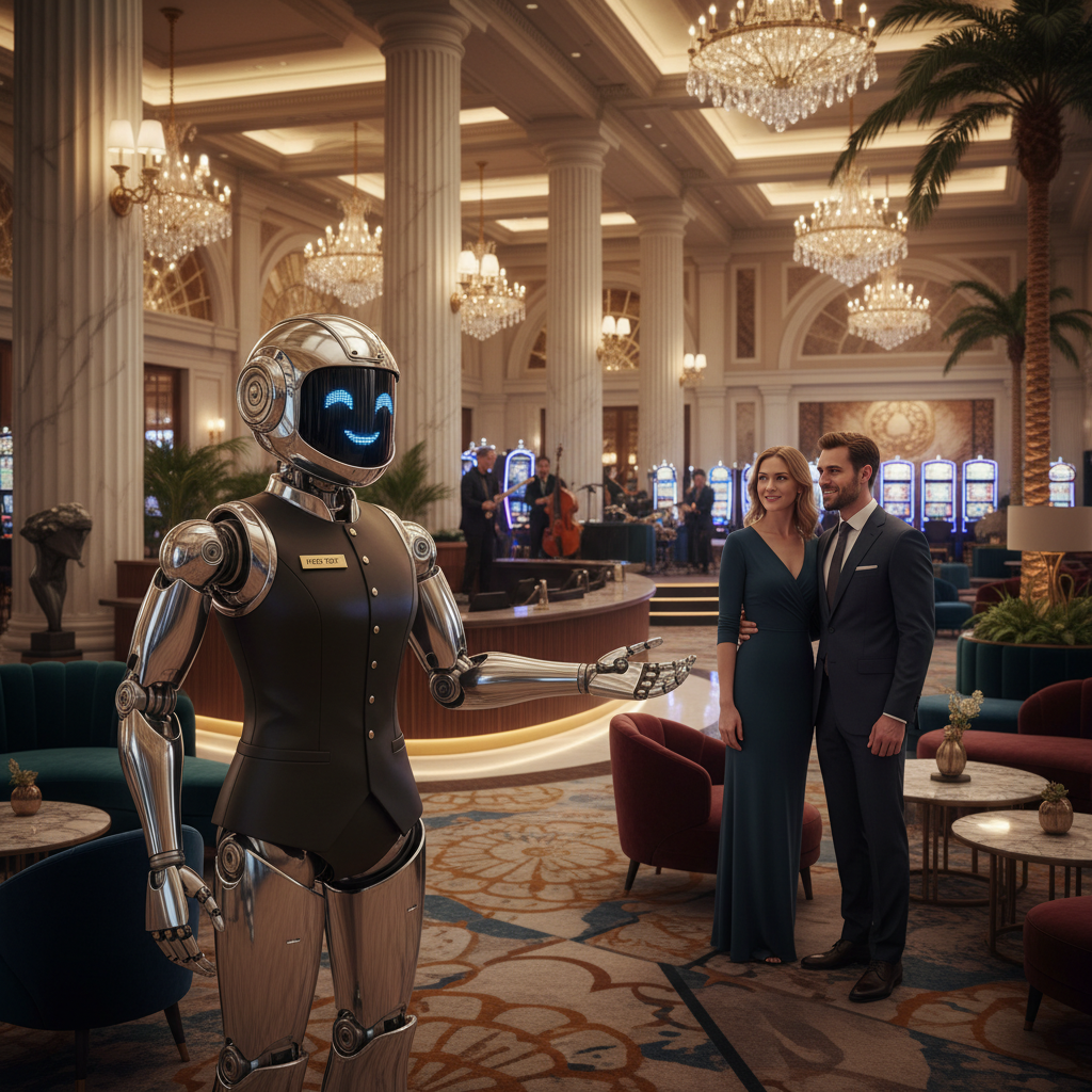 CasinoBot robot greeting guests in a casino lobby