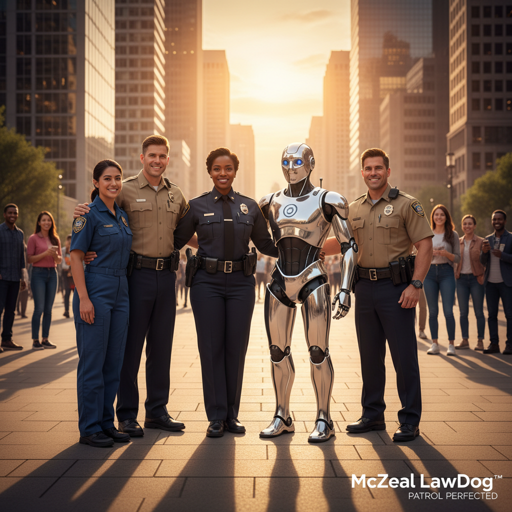 Police officers and LawDog robot standing together in partnership