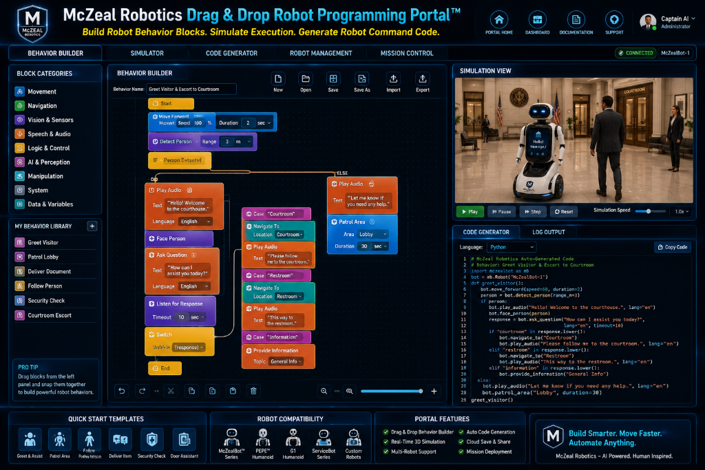 McZeal Robotics Drag and Drop Robot Programming Portal interface