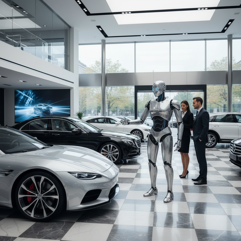DealerBot robot in a modern car dealership showroom