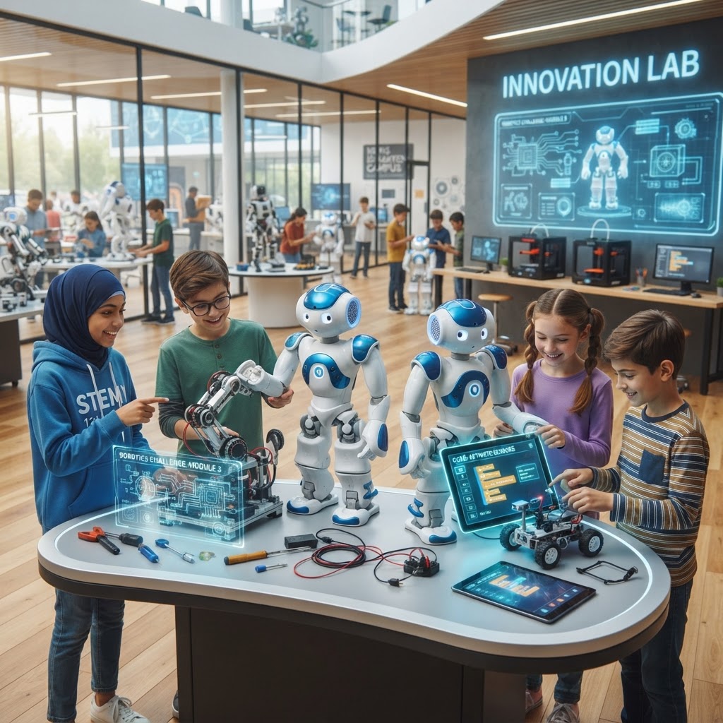Students collaborating with teaching robots in an advanced robotics lab