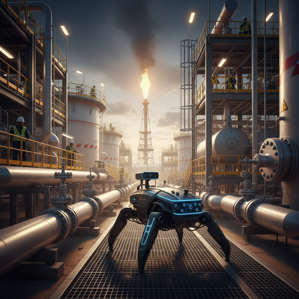OilGuard inspection robot patrolling an oilfield facility