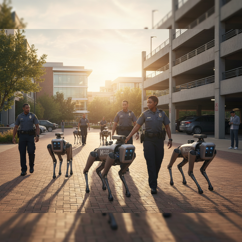 Police officers patrolling with LawDog robotic dog units