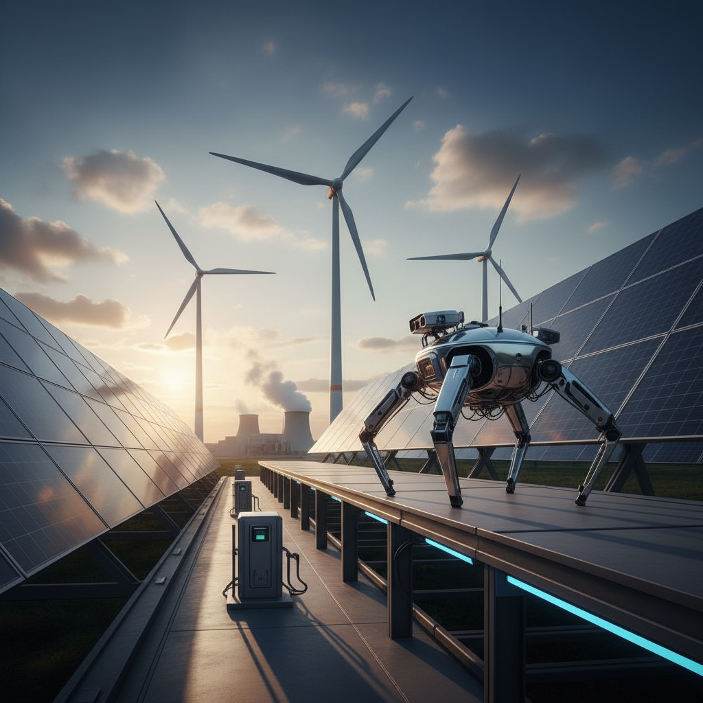 Energy Robot inspecting a renewable energy site with solar panels and wind turbines