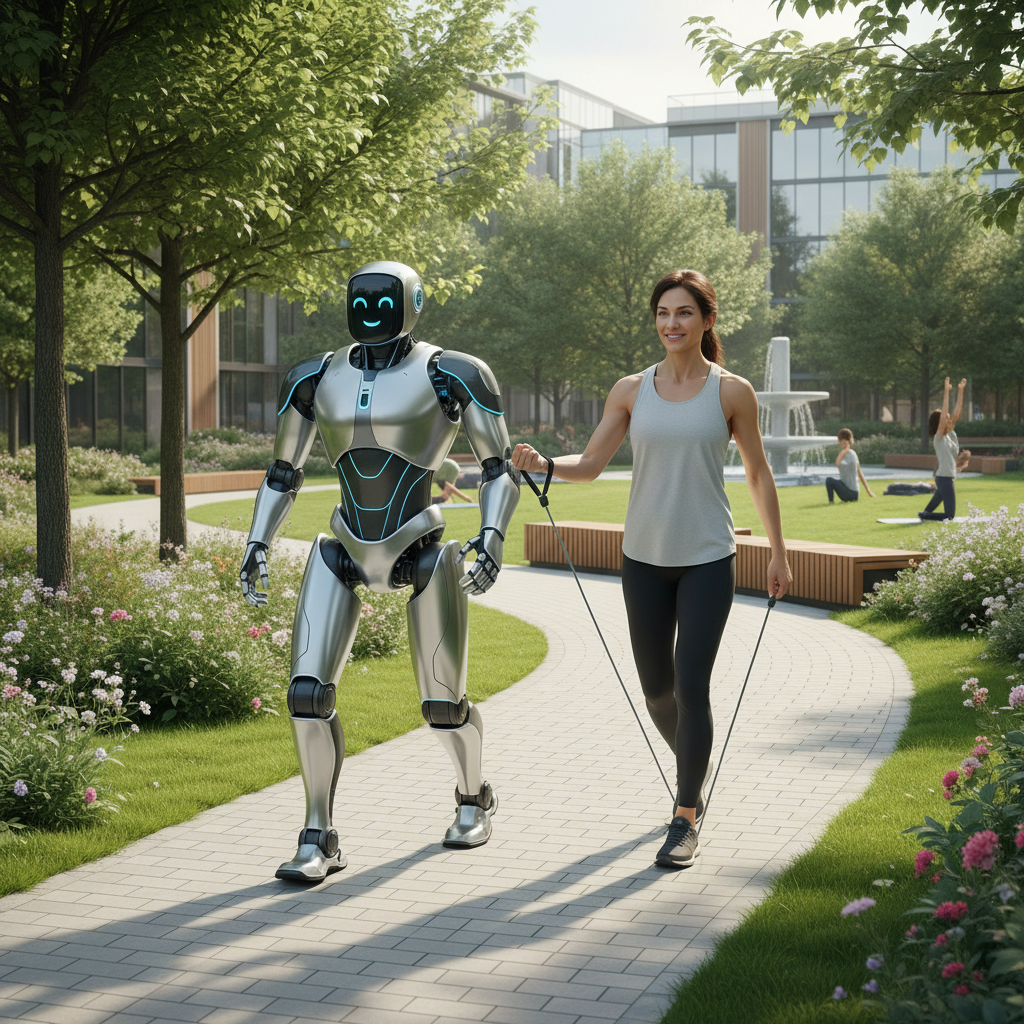 WalkMate robot accompanying a person outdoors