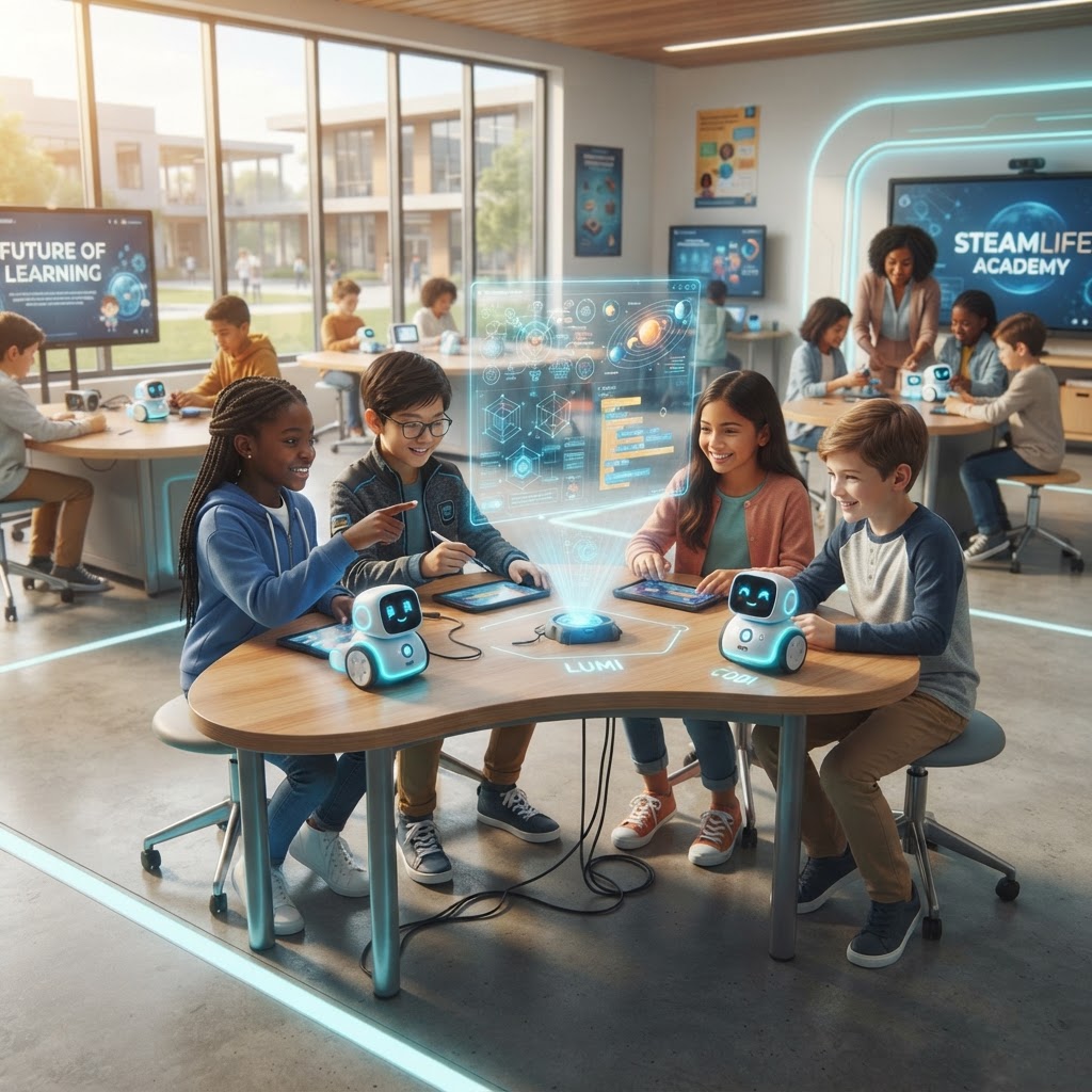 Children learning with friendly robots in a futuristic smart classroom