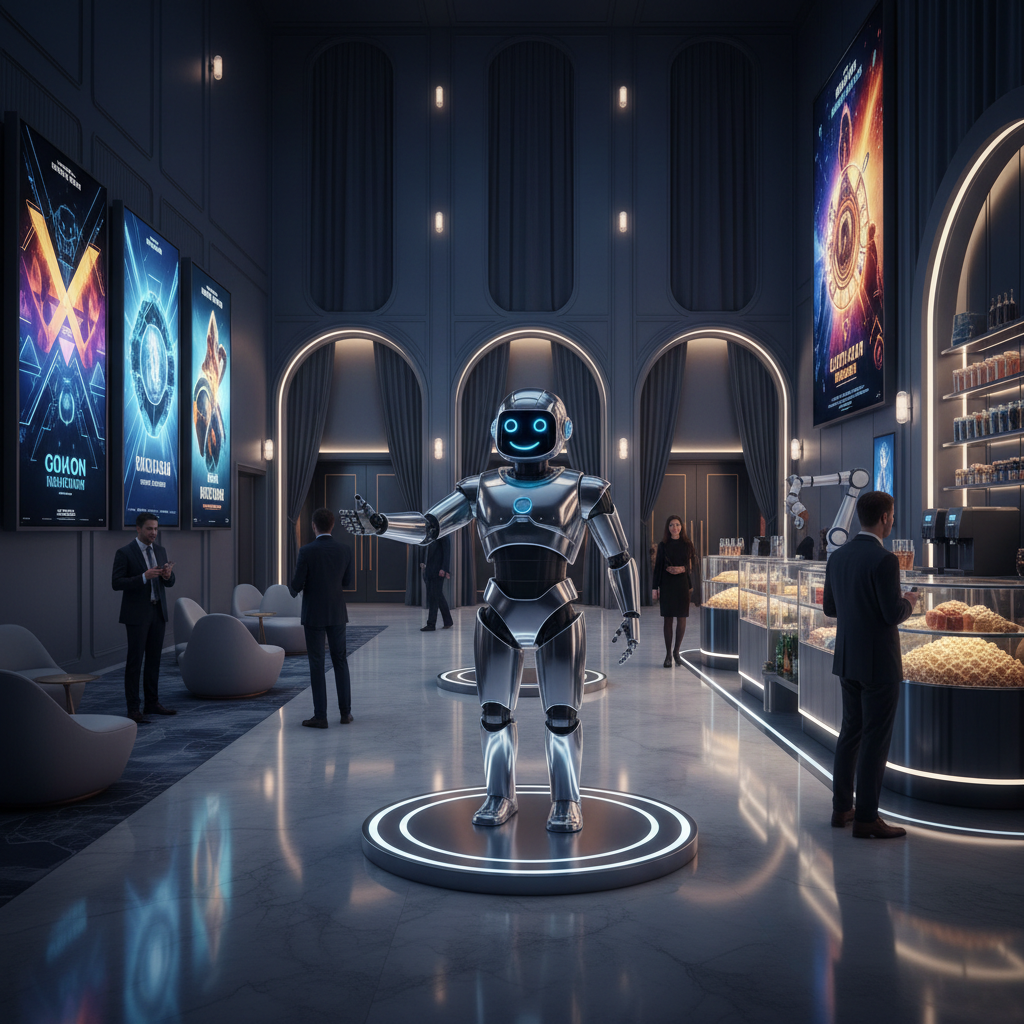 CinemaBot robot assisting guests in a movie theater