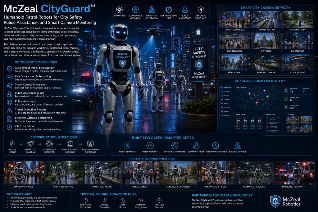 McZeal CityGuard humanoid patrol and smart camera monitoring graphic