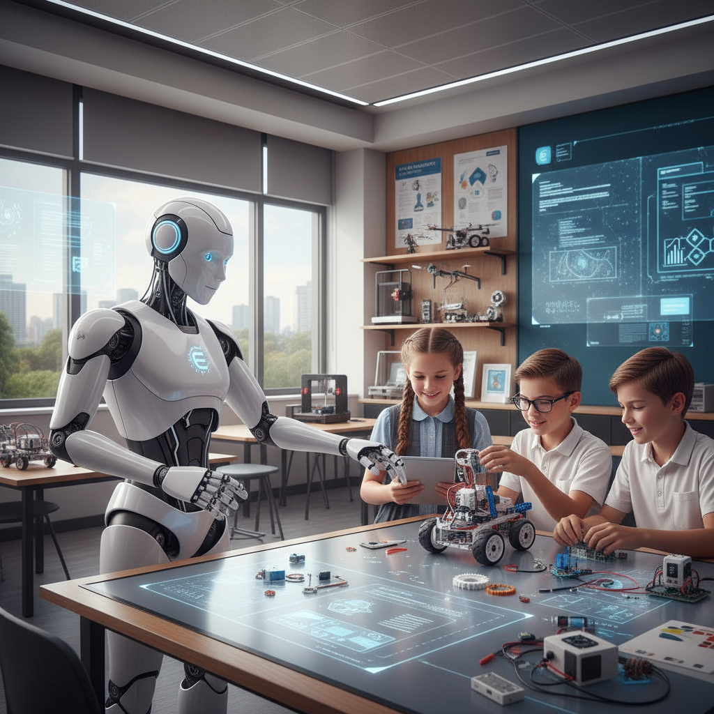EduBot robot assisting students in a classroom
