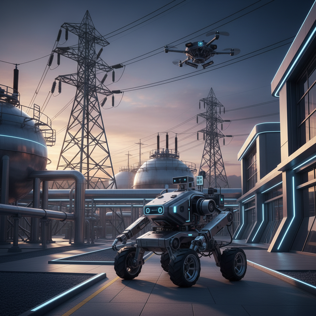 Energy Robot patrolling a modern industrial energy facility