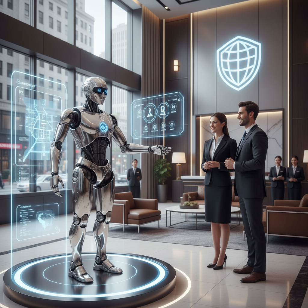BankBot robot assisting customers in a bank lobby
