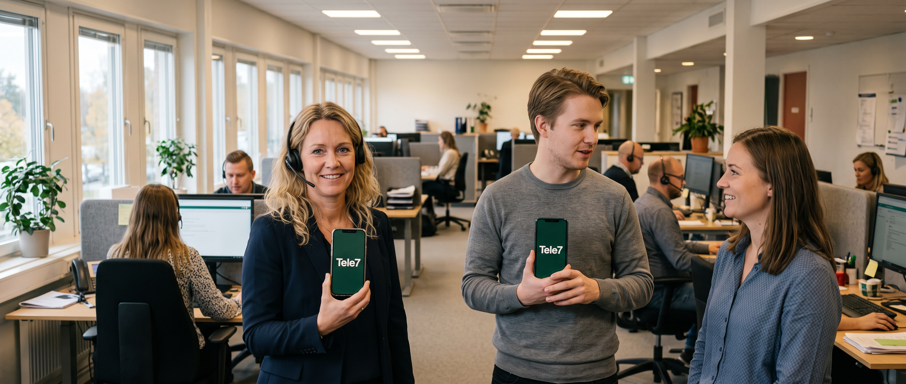 Tele7:s kundservice i ett ljust kontorslandskap