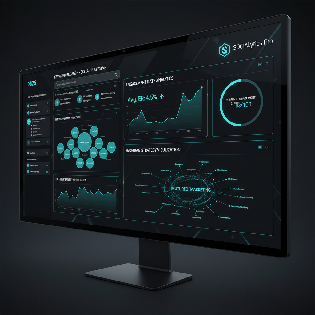 Social media SEO optimization dashboard 2026 with keyword research and engagement analytics