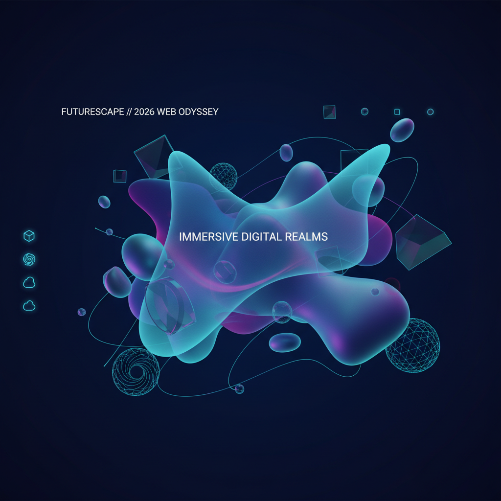 3D immersive website design with floating geometric shapes and organic blob layouts on dark navy background 2026