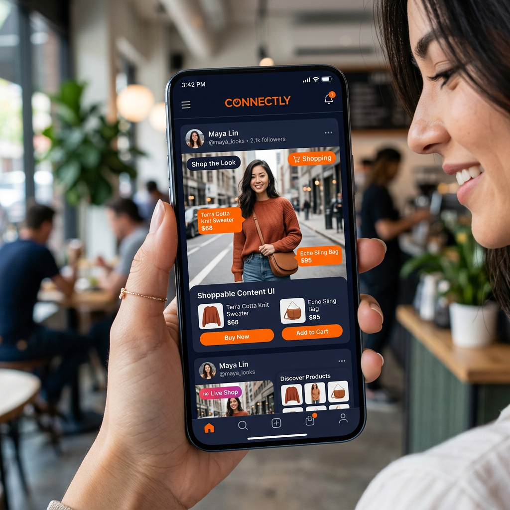 Social commerce shopping experience 2026 with in-app purchase overlays and shoppable social media content