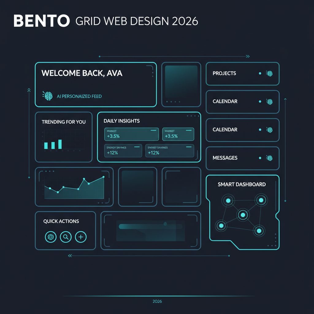 Bento grid web design layout 2026 with modular card-based UI and dark navy background
