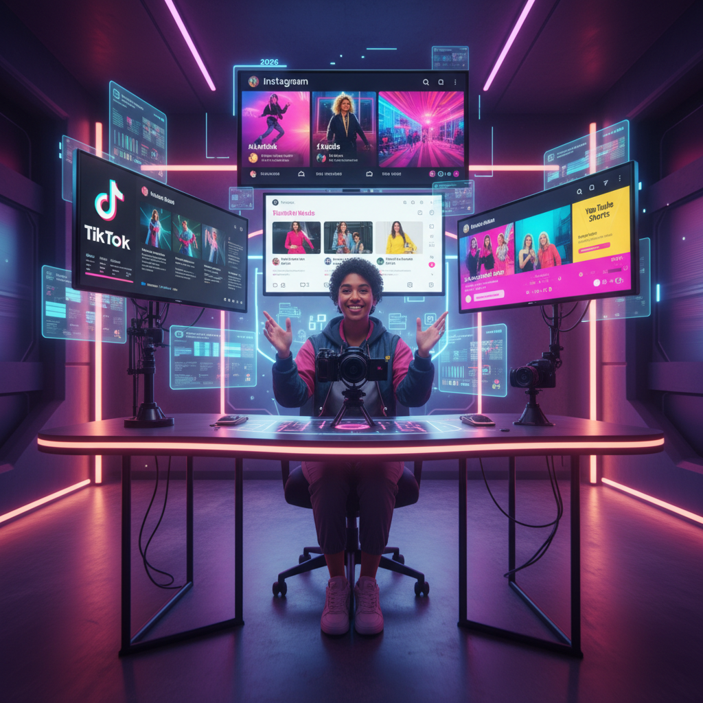 Short-form video content creation for social media 2026 showing TikTok Instagram Reels YouTube Shorts on multiple devices