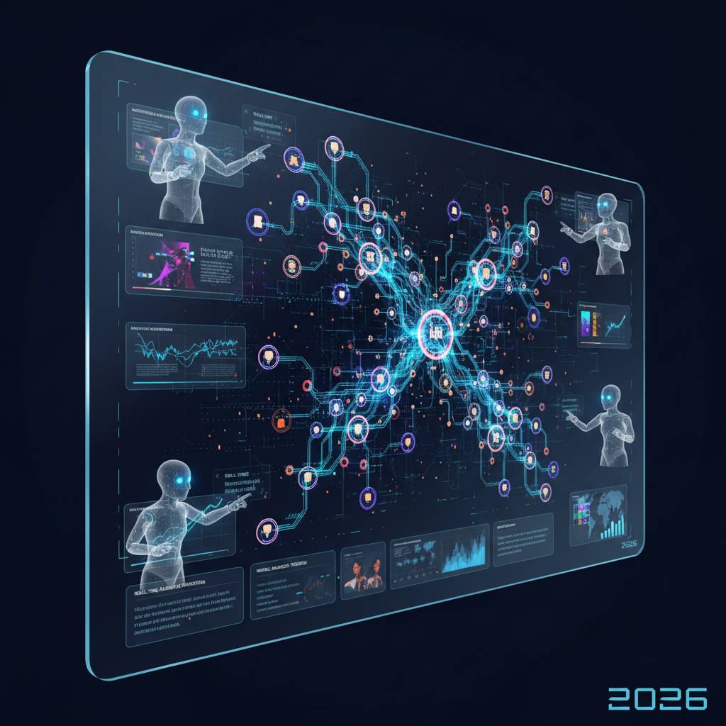 AI agents autonomously executing digital marketing campaigns with neural network visualization