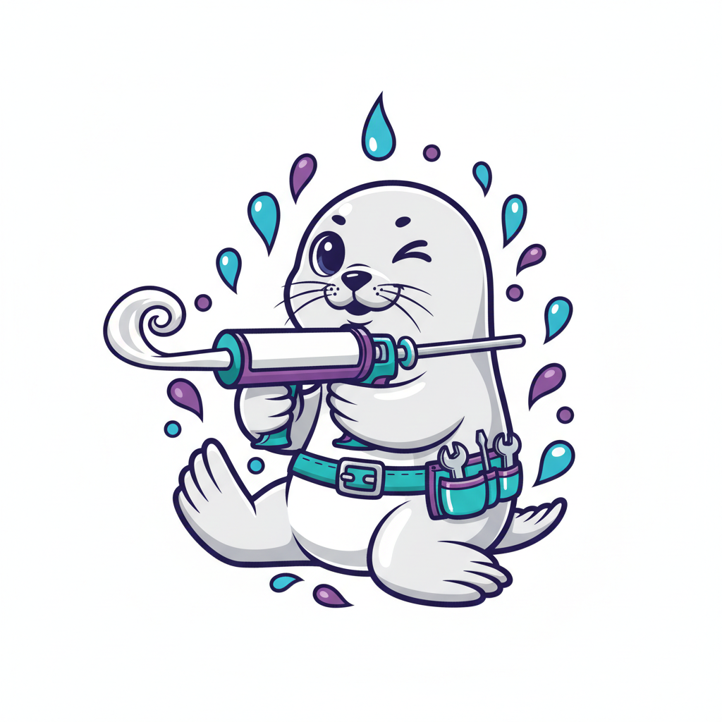 The Shower Seal mascot β a friendly seal with a caulk gun