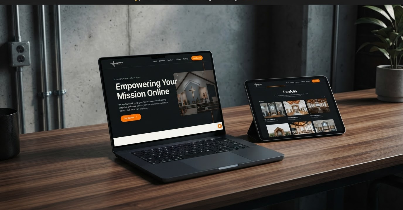 Genesis Media Group site displayed on a laptop and tablet at a workspace desk