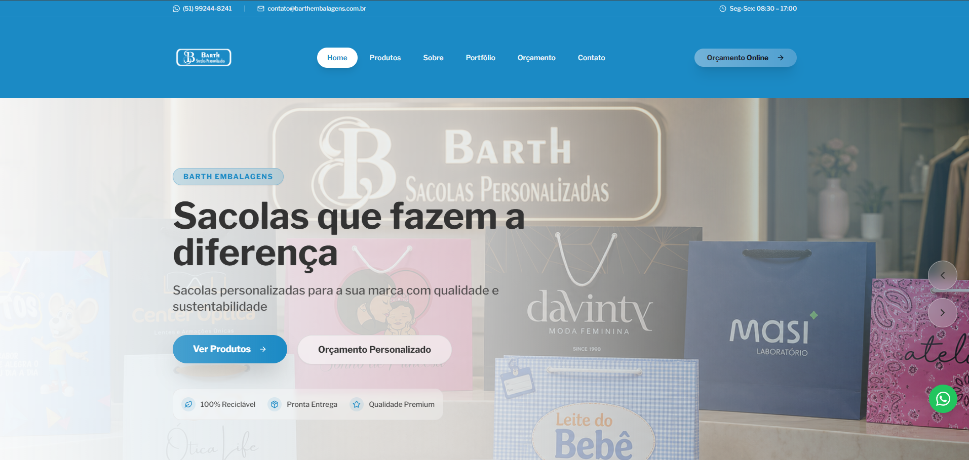 Tela inicial do site da Barth Embalagens