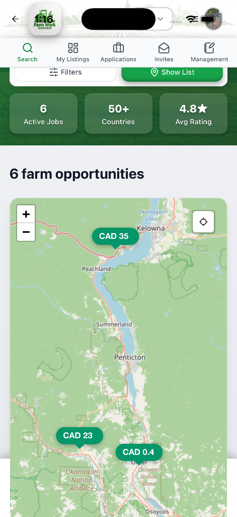 Map view of job listings