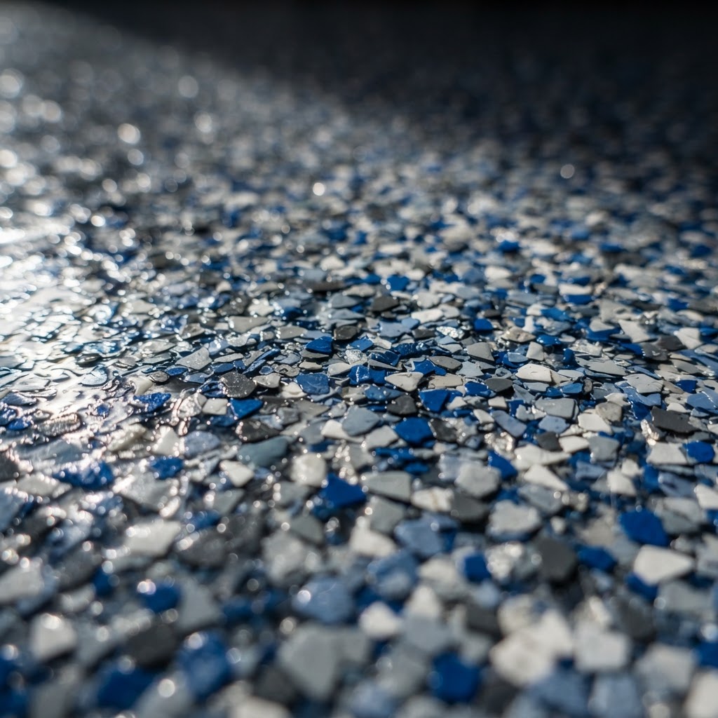 Close-up of a full-flake epoxy floor surface