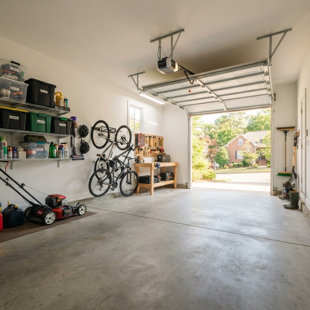 Garage floor before epoxy coating — clean but dull bare concrete