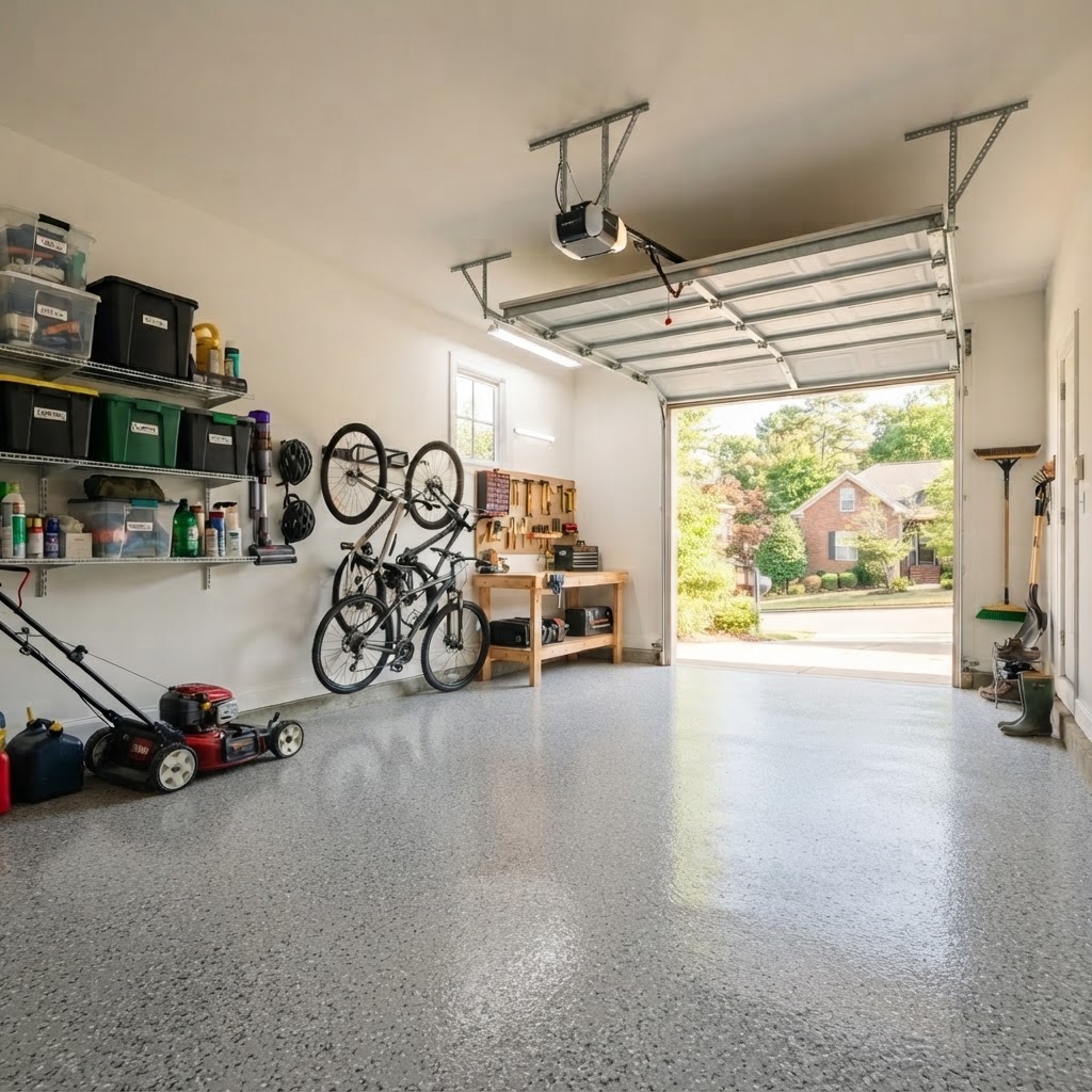 Garage floor after epoxy coating — glossy full-flake finish