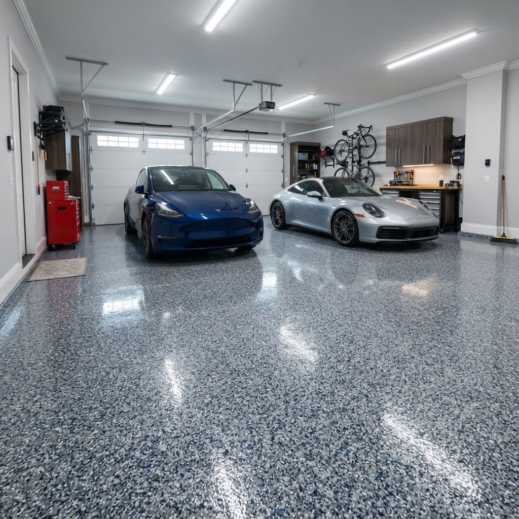 Garage floor transformed with a full-flake epoxy system