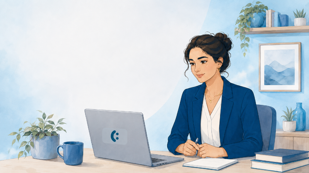 Mental health professional working online from a calm, modern office