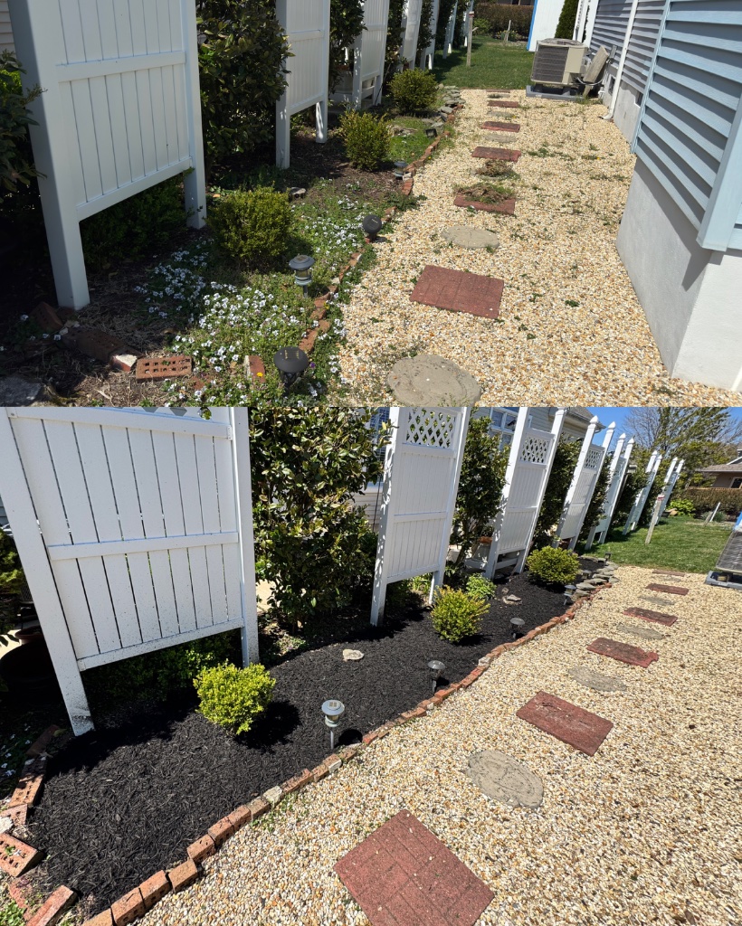 Before and after: side yard with boxwoods and brick border