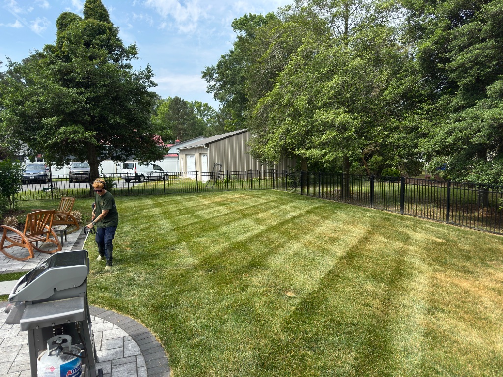 Backyard patio with striped lawn and rocking chairs