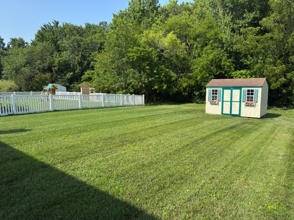 Backyard lawn with picket fence and shed
