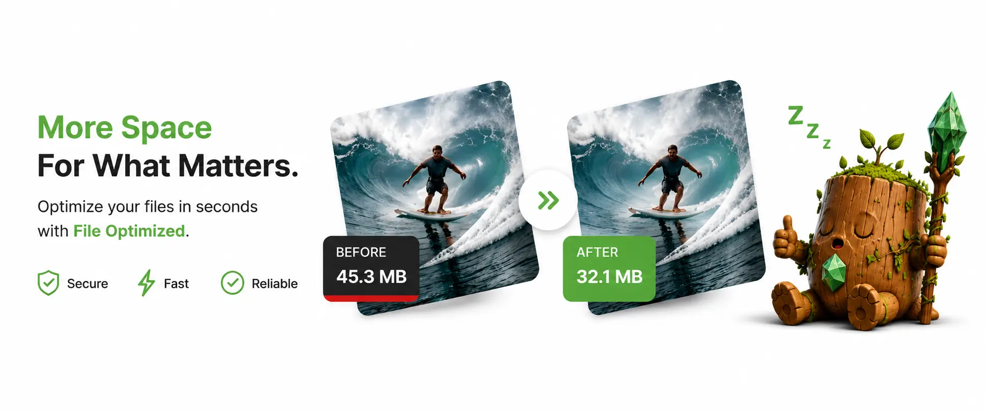 More Space For What Matters - File Optimized feature showcase with before and after comparison