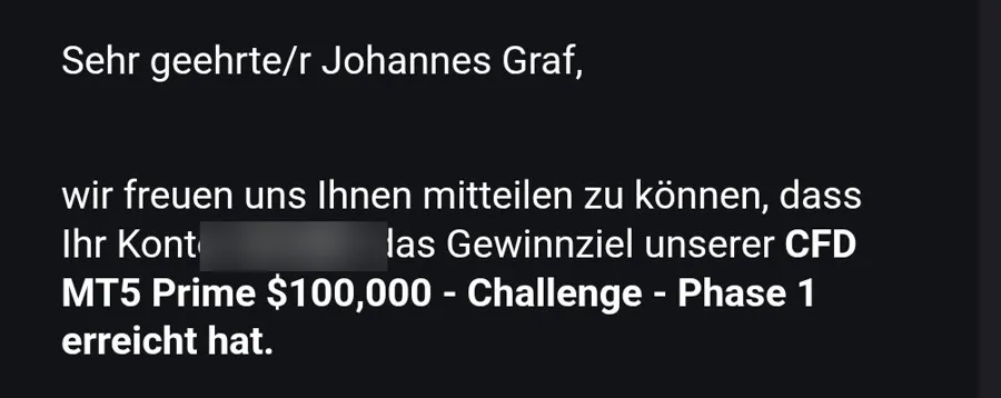 Screenshot: The Trading Pit CFD MT5 Prime 100k Phase 1 bestanden, Johannes Graf, 14.07.2026