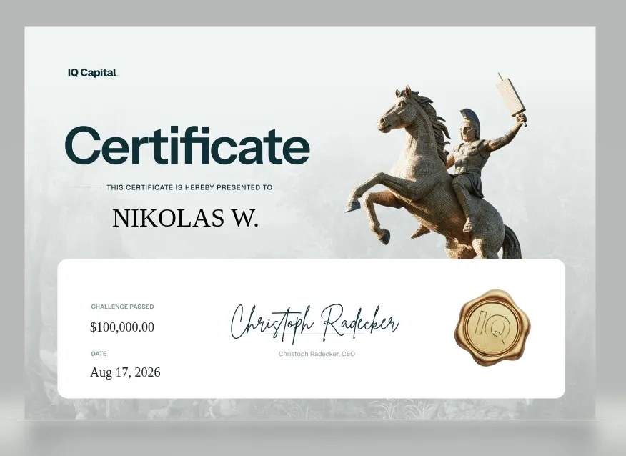 Screenshot: IQ Capital 100k Challenge bestanden, Nikolas W., 17.08.2026
