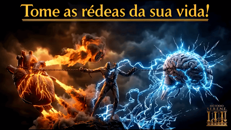 Figura segurando as correntes da razão e da emoção: coração em chamas e cérebro elétrico